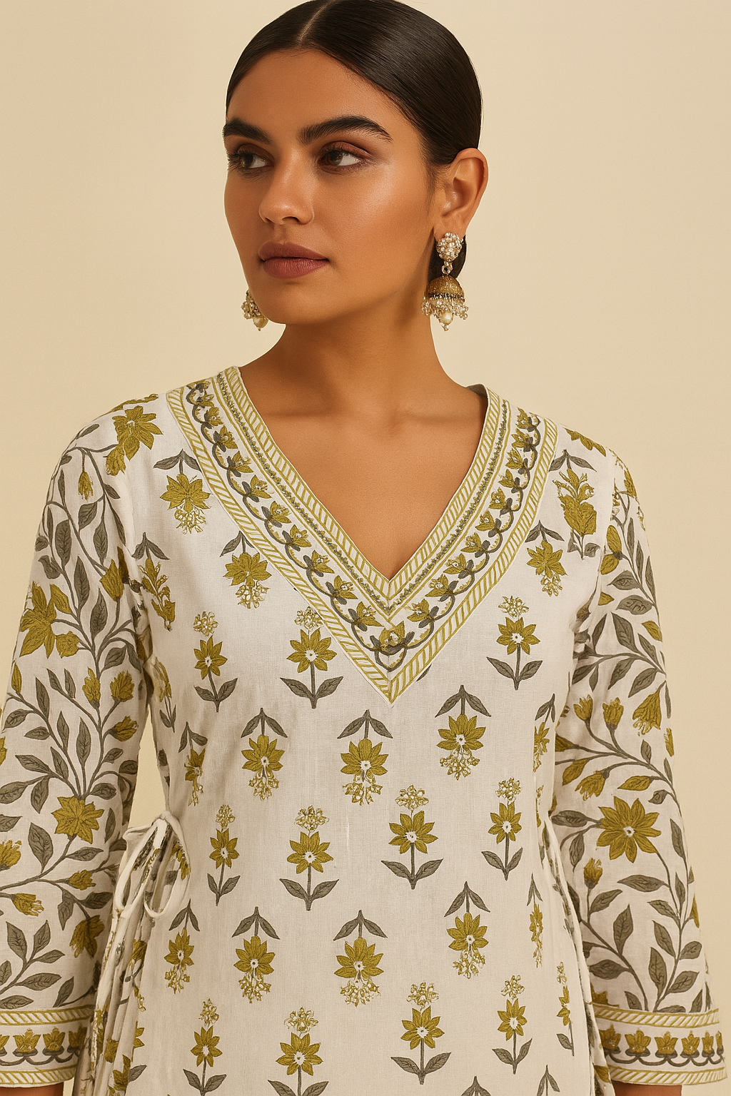 Woman wearing a floral patterned suit set with a beige background