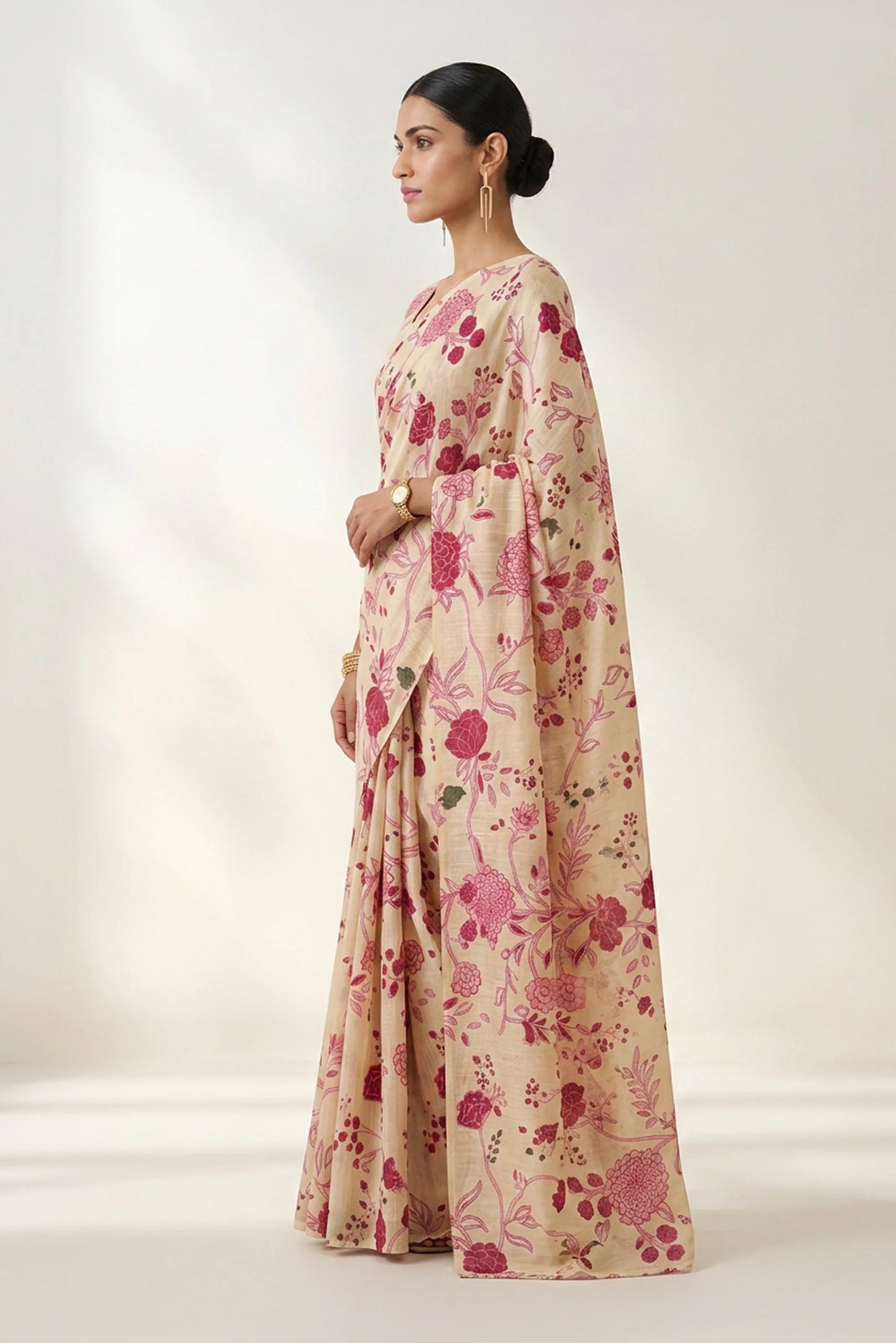Cream Floral Printed Linen Saree