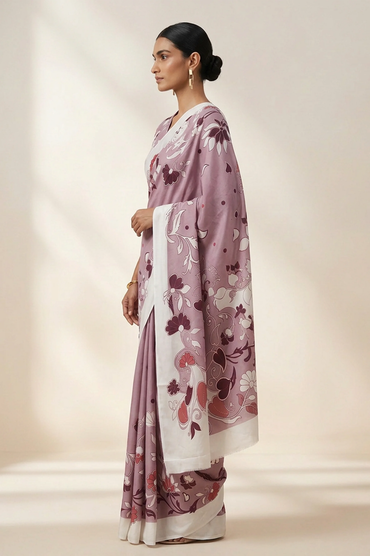 Dusty Rose Nouveau Floral Printed Crepe Saree