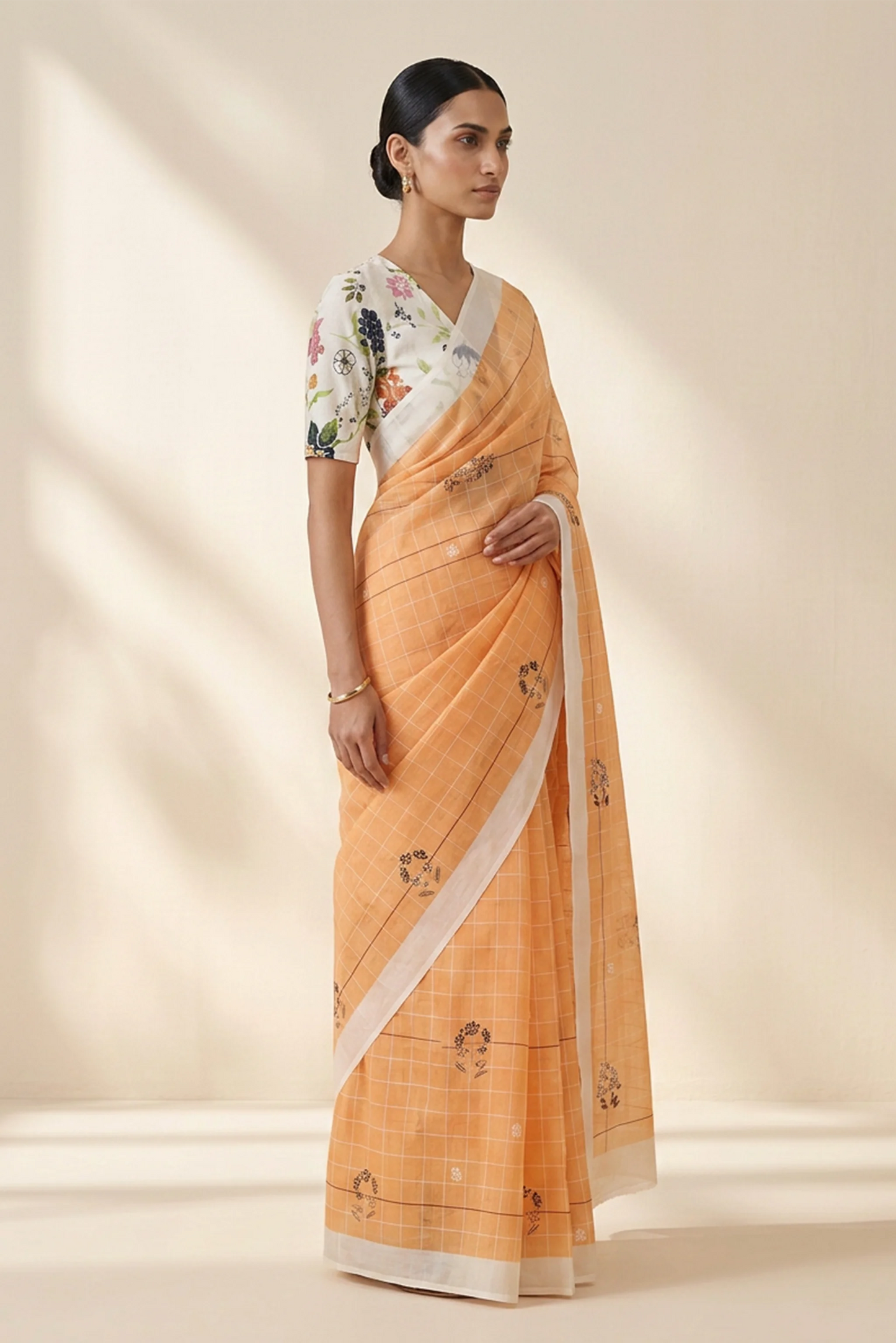 Papaya Check Printed Organza Saree