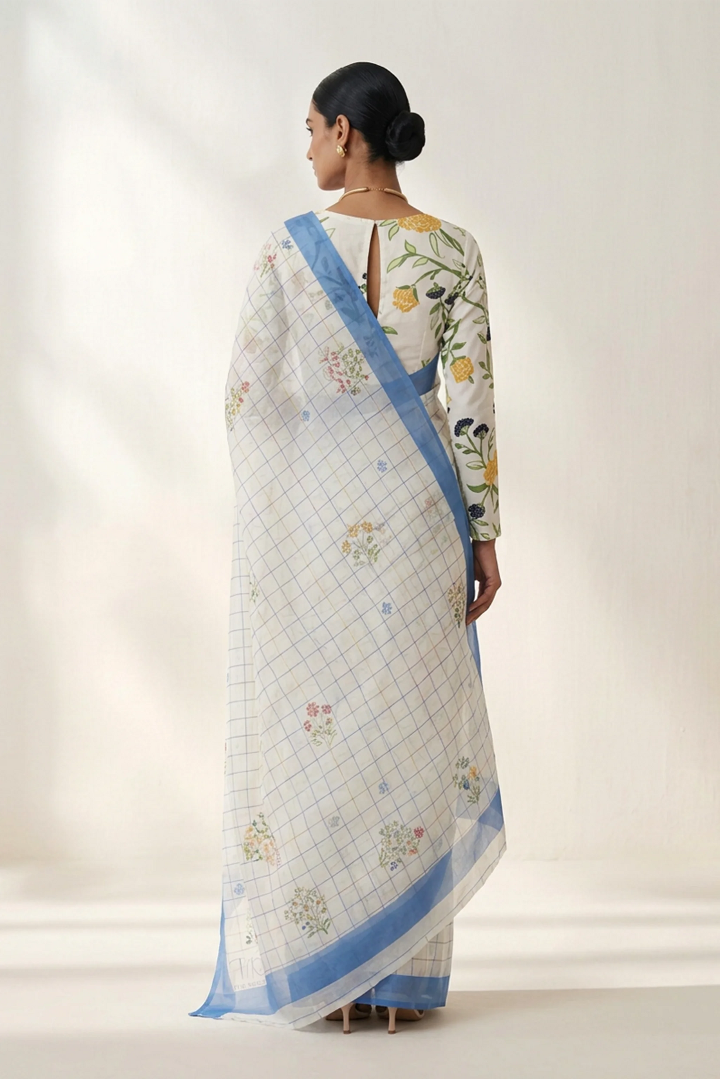 Ivory Check Printed Organza Saree