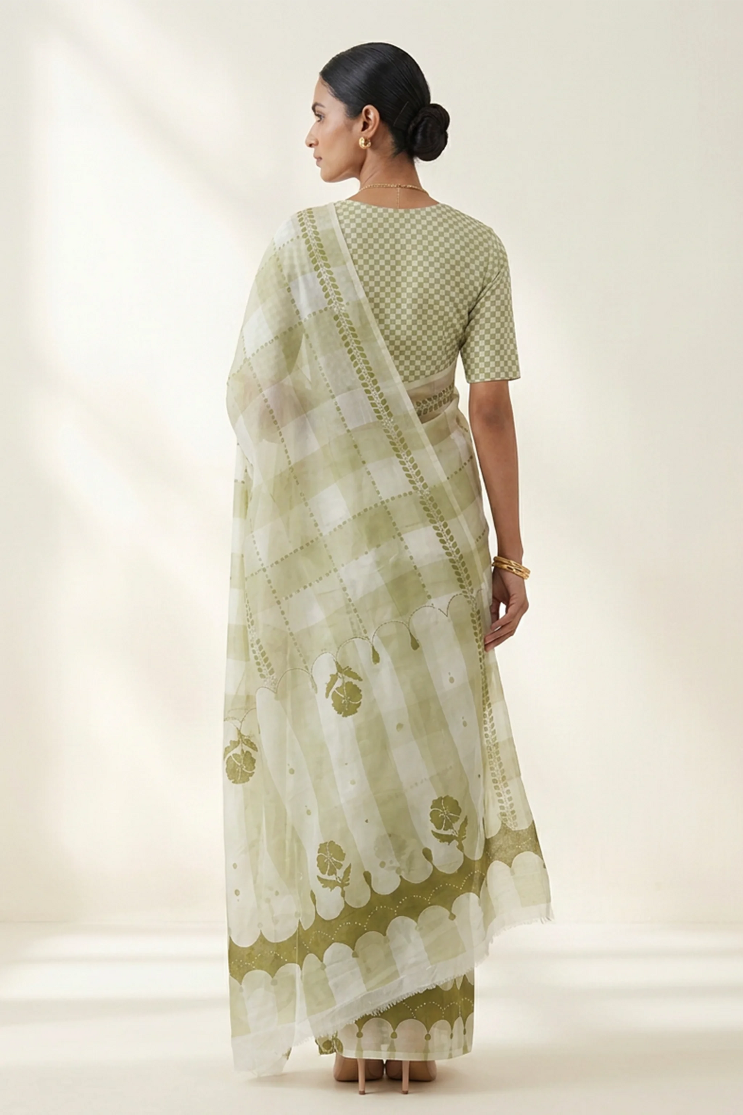 Moss Geometric Printed Organza Saree
