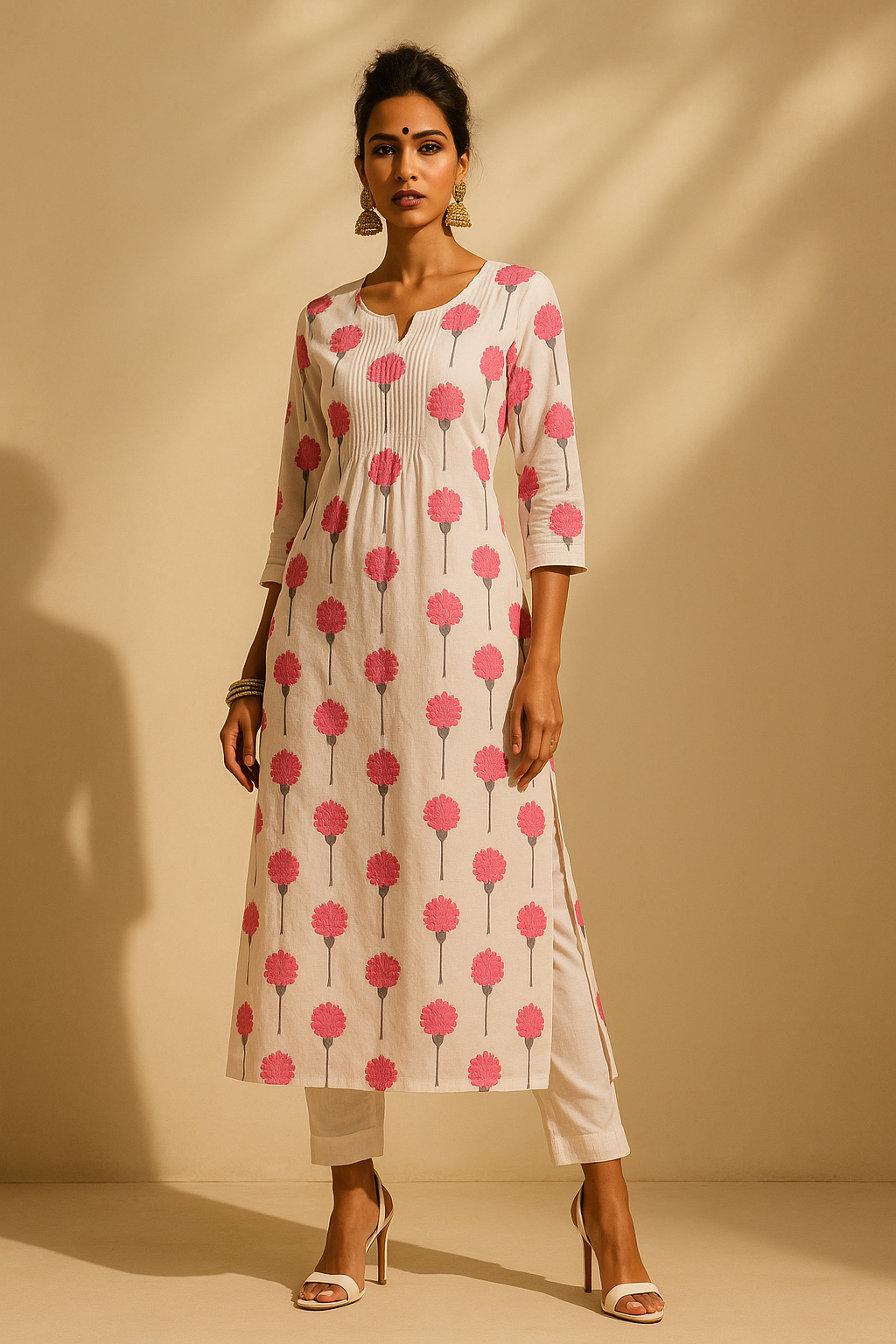 Woman wearing a white kurta with pink floral pattern against a beige background