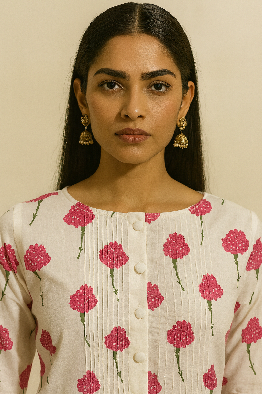 Woman wearing a white top with pink floral pattern against a beige background