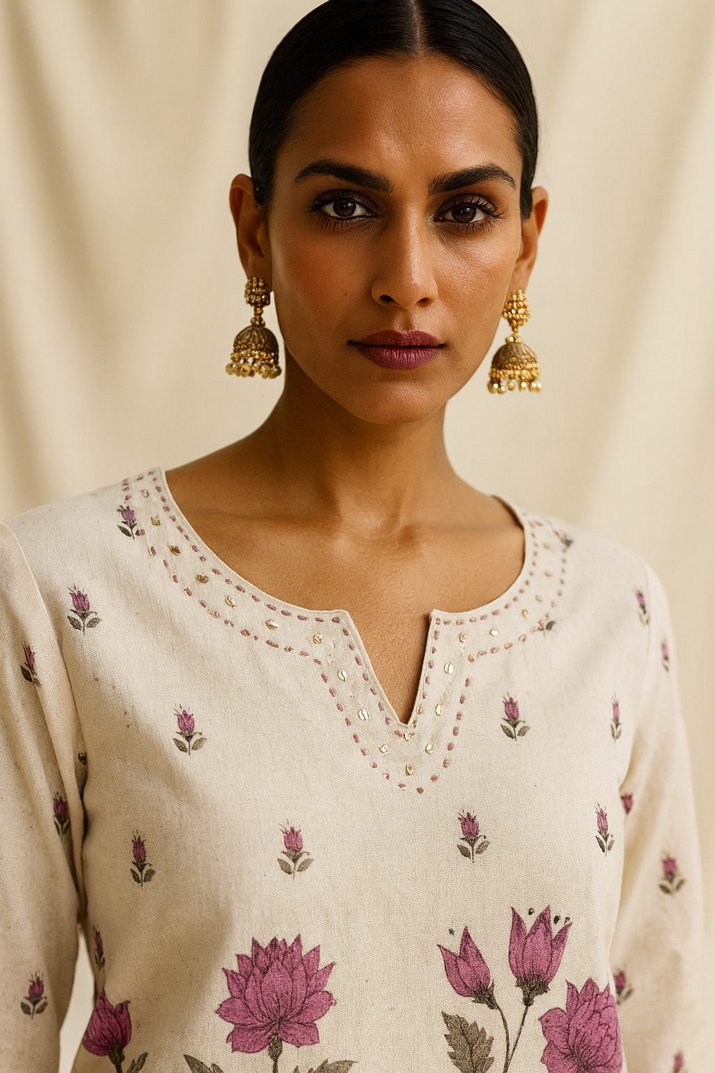 Woman wearing a cream-colored top with floral patterns and gold earrings against a beige background