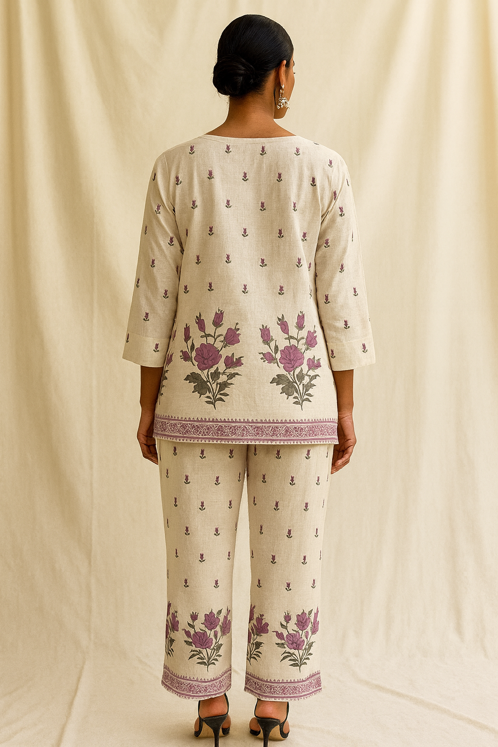Person wearing a floral embroidered outfit on a beige background