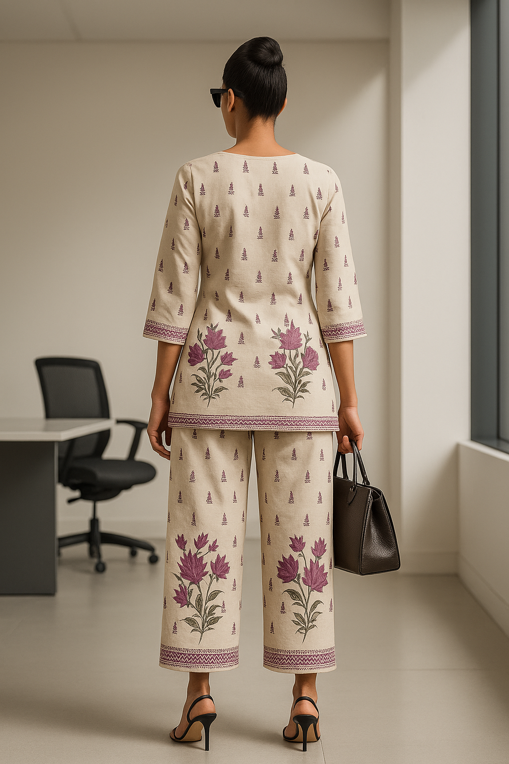 Woman wearing a floral patterned outfit in an office setting