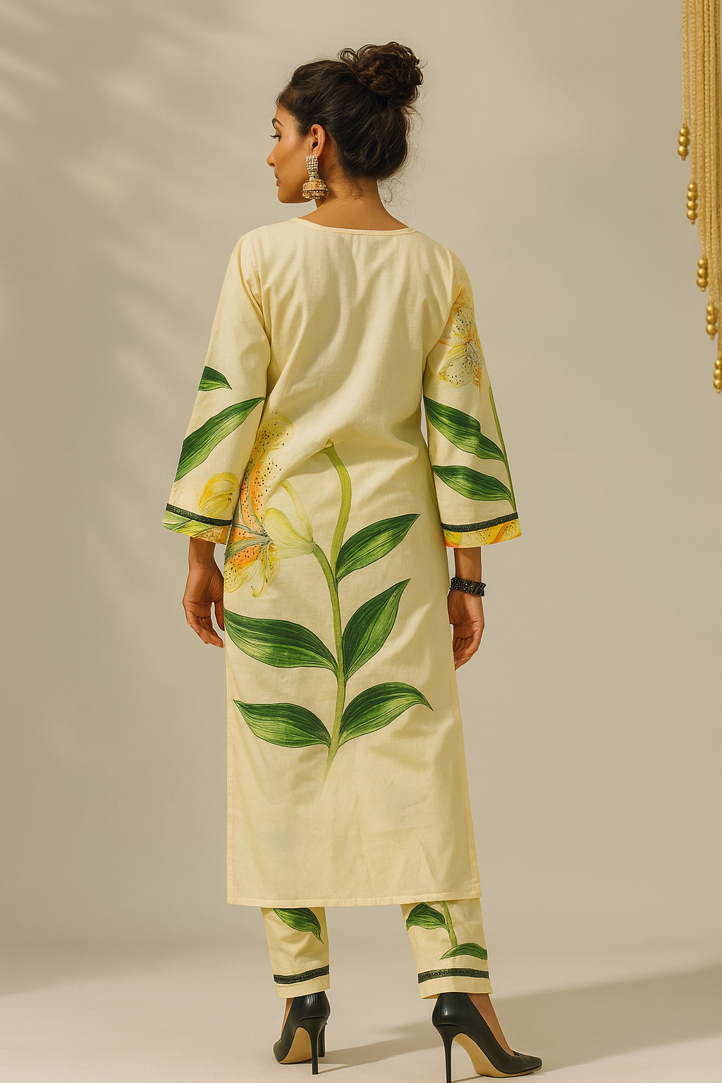 Woman wearing a cream-colored outfit with green leaf patterns on a plain background