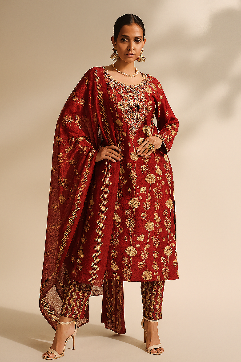 Woman wearing a red traditional outfit with gold embroidery on a beige background