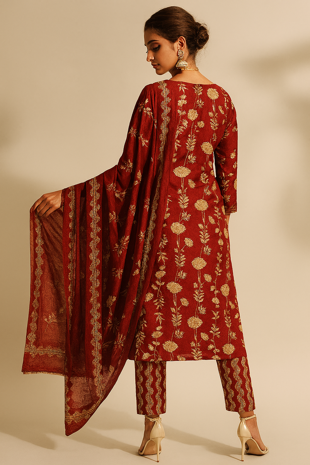 Woman wearing a red floral traditional outfit against a beige background