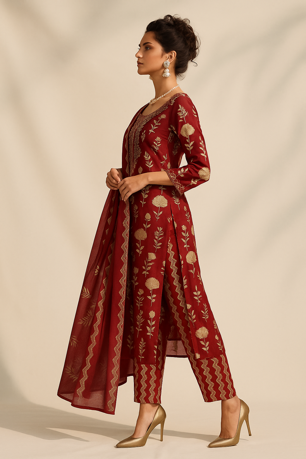 Woman wearing a red traditional outfit with gold patterns on a beige background