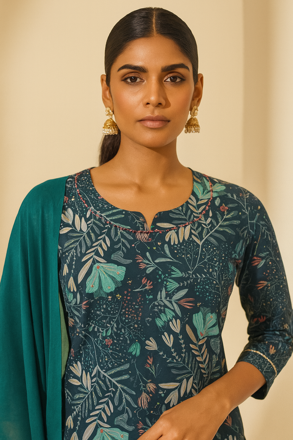 Woman wearing a dark blue floral patterned top with a green cardigan against a beige background