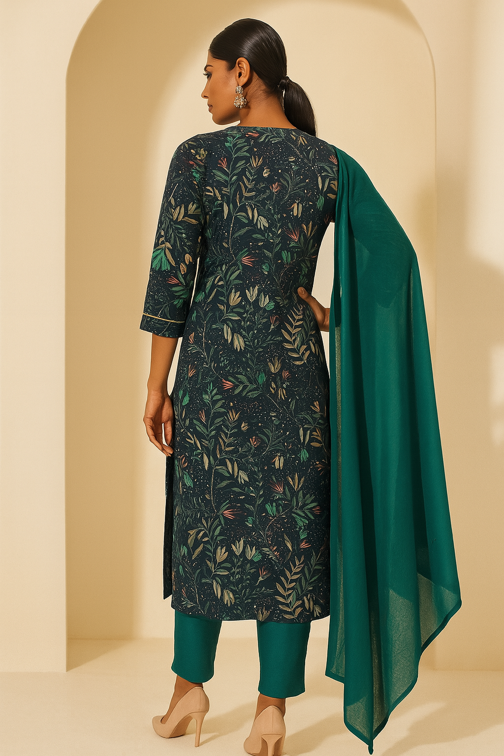 Woman wearing a dark green floral patterned kurta with a green dupatta against a beige background