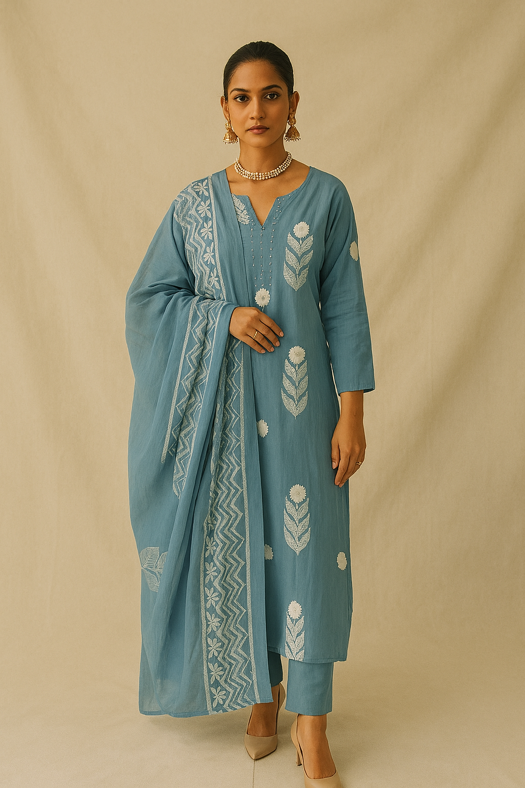 Woman wearing a blue traditional outfit with white patterns on a beige background