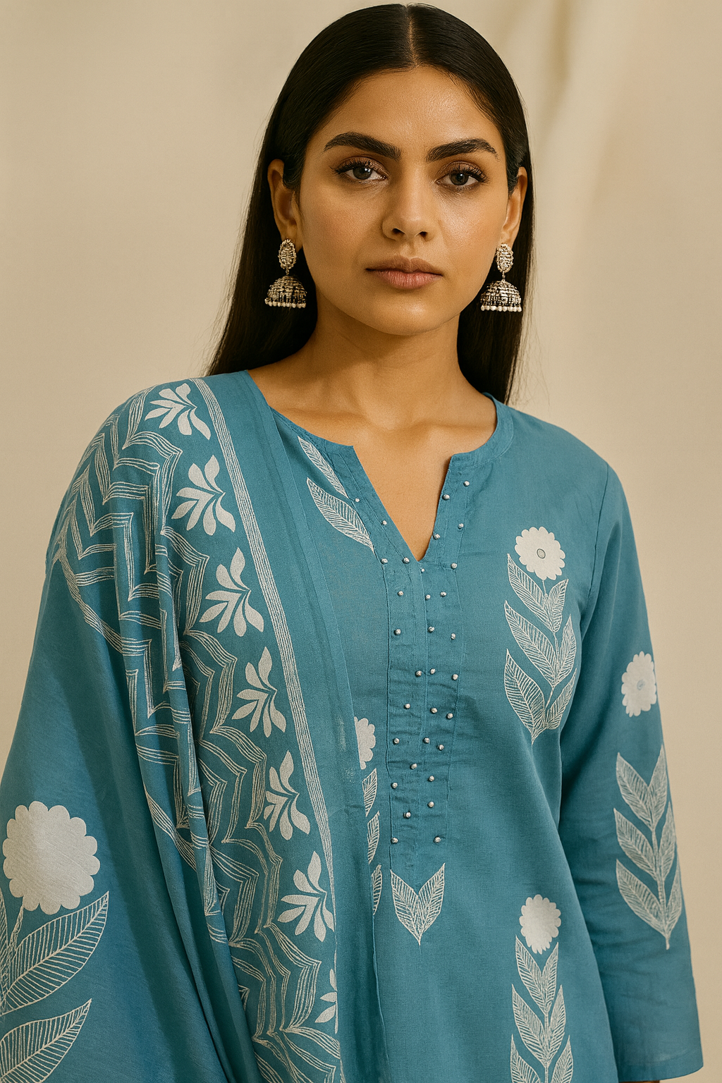 Woman wearing a teal embroidered traditional outfit against a beige background