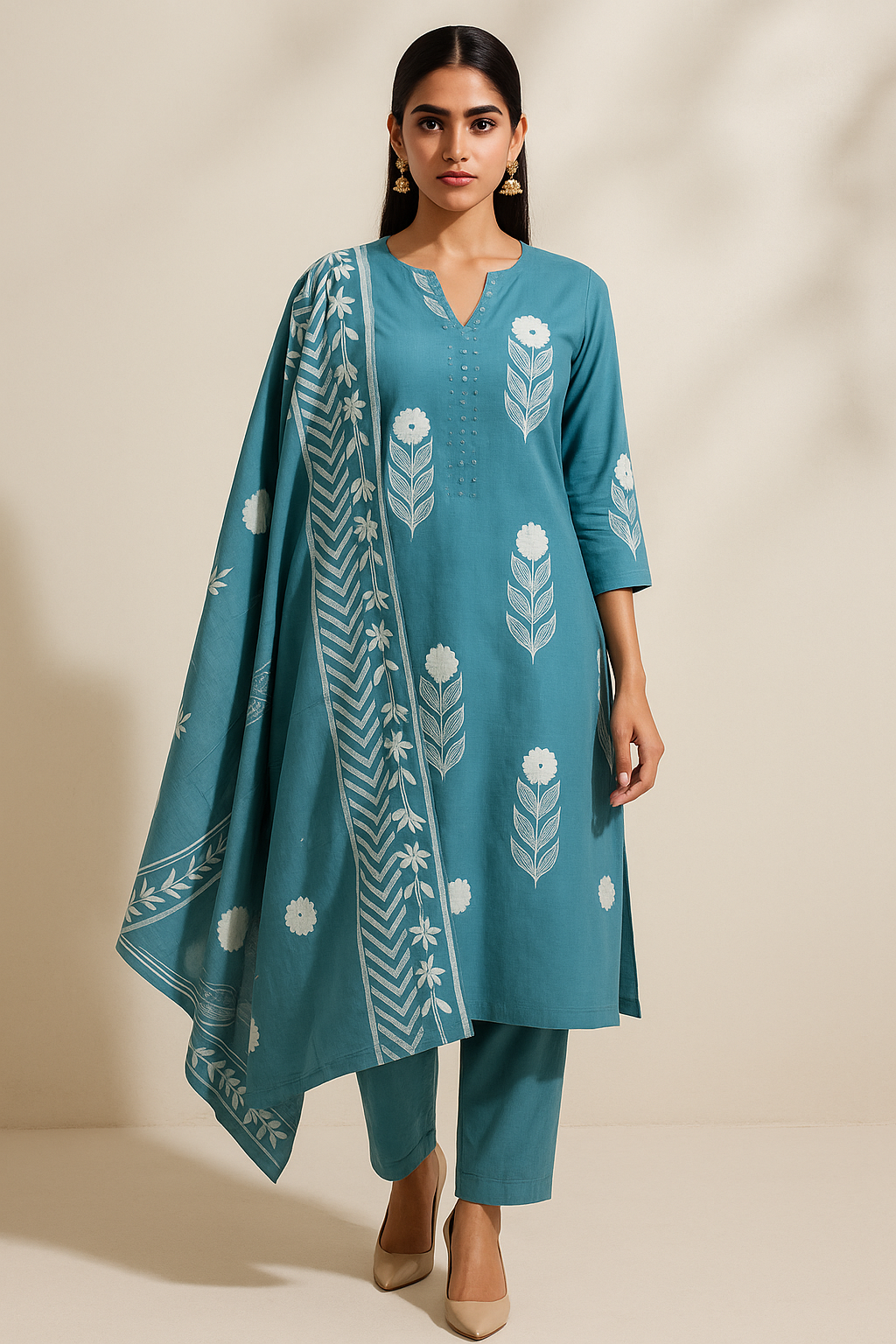 Woman wearing a teal outfit with white floral patterns on a beige background