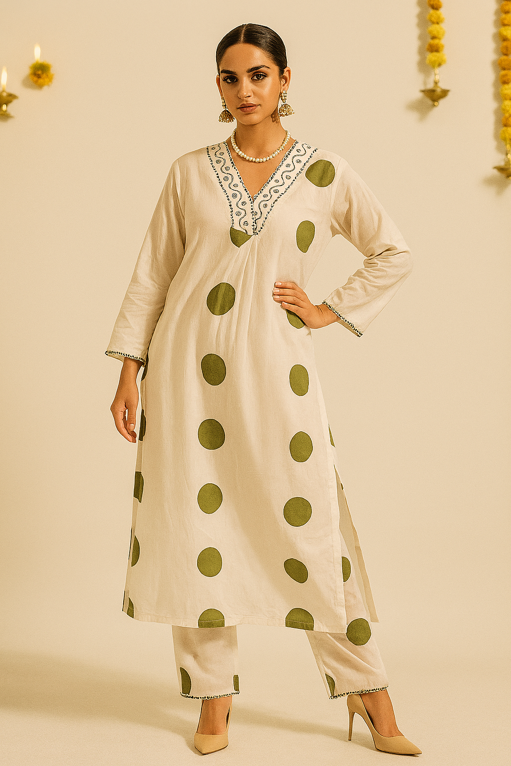 Woman wearing a cream kurta with green polka dots on a beige background
