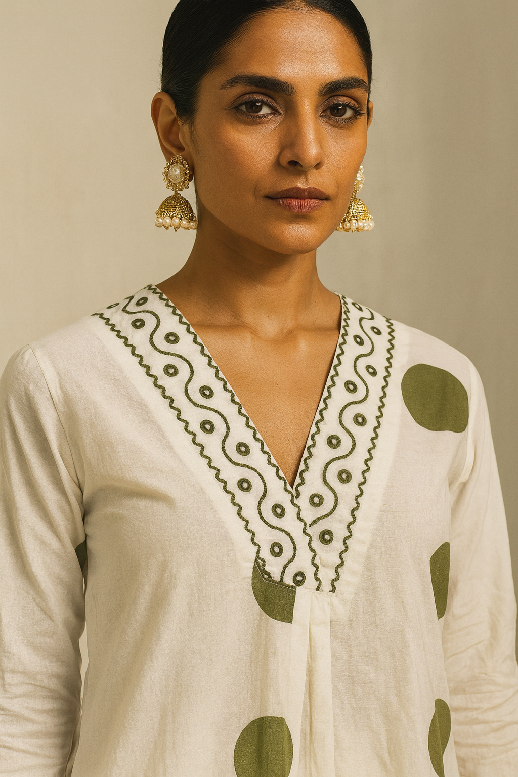 Woman wearing a white kurta with green patterns and embroidery on a beige background