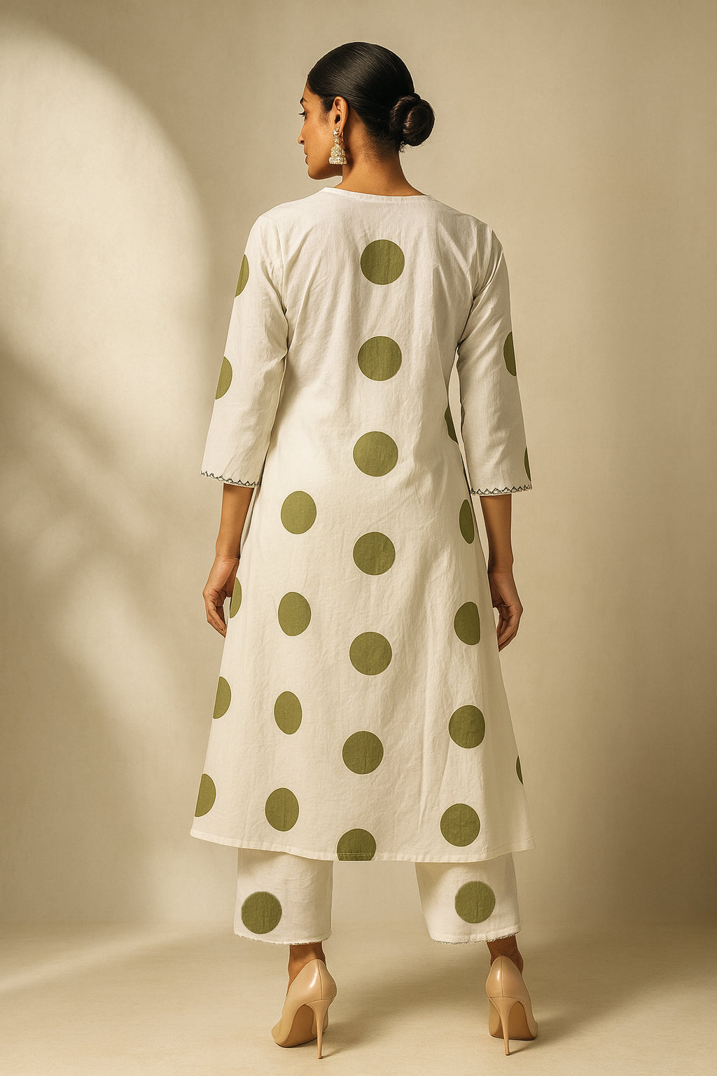 Woman wearing a white kurta with green polka dots against a beige background