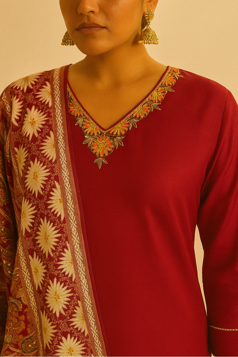 Woman wearing a red kurta with a patterned shawl against a beige background