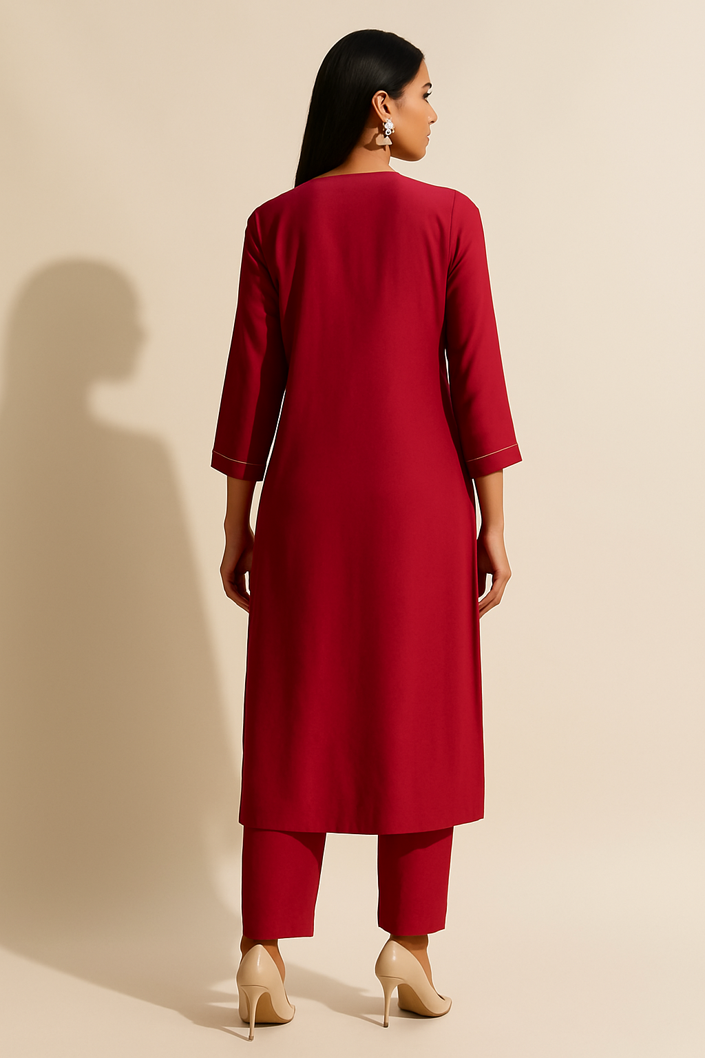 Woman wearing a red outfit against a beige background