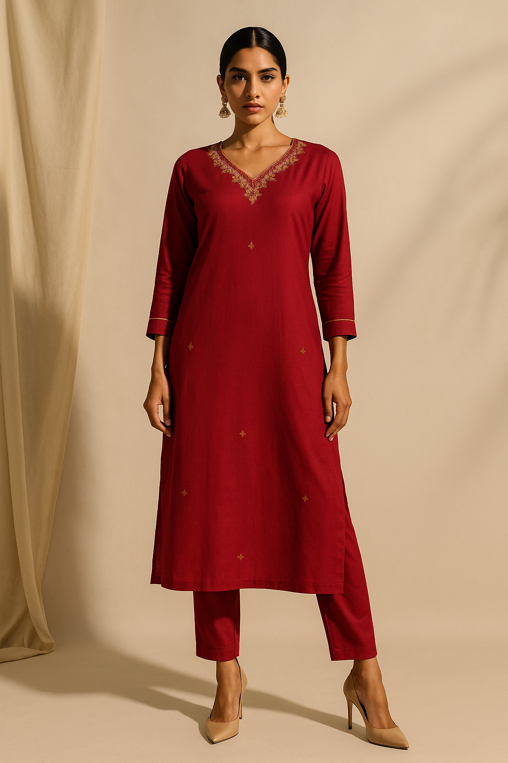 Woman wearing a red kurta with intricate detailing against a beige background