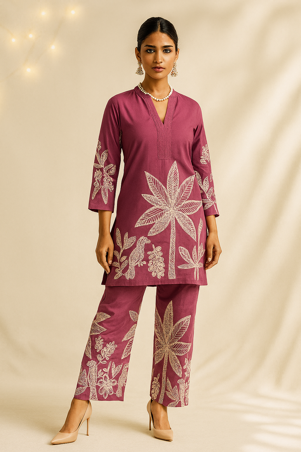 Woman wearing a lilac outfit with floral patterns on a beige background