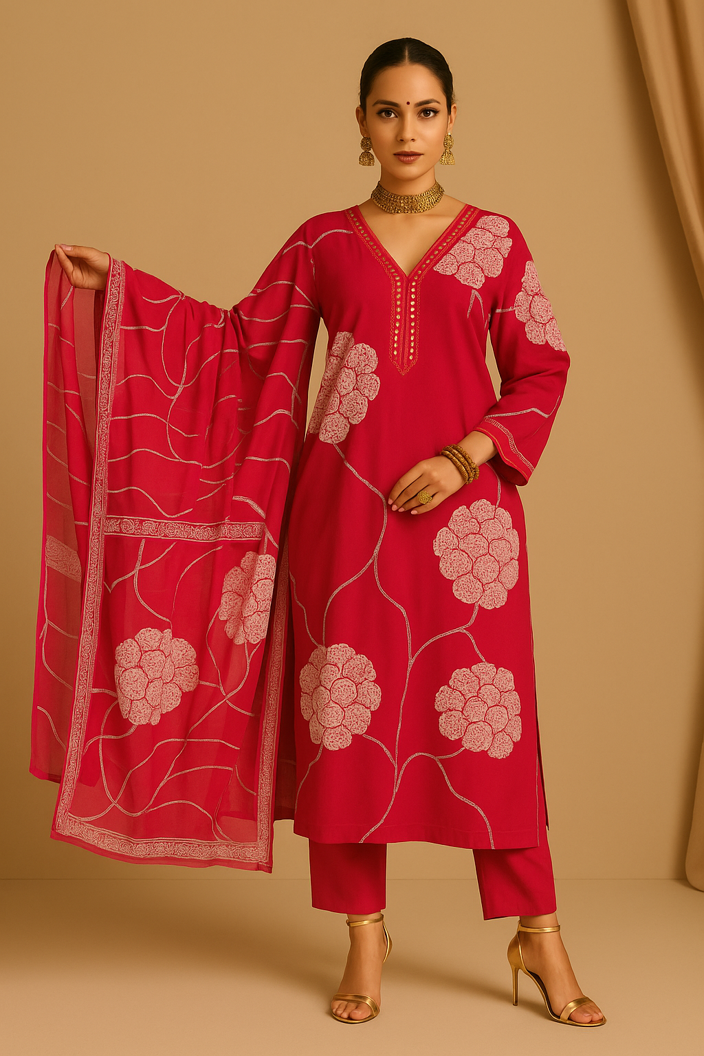 Woman wearing a fuchsia floral printed outfit with a beige background