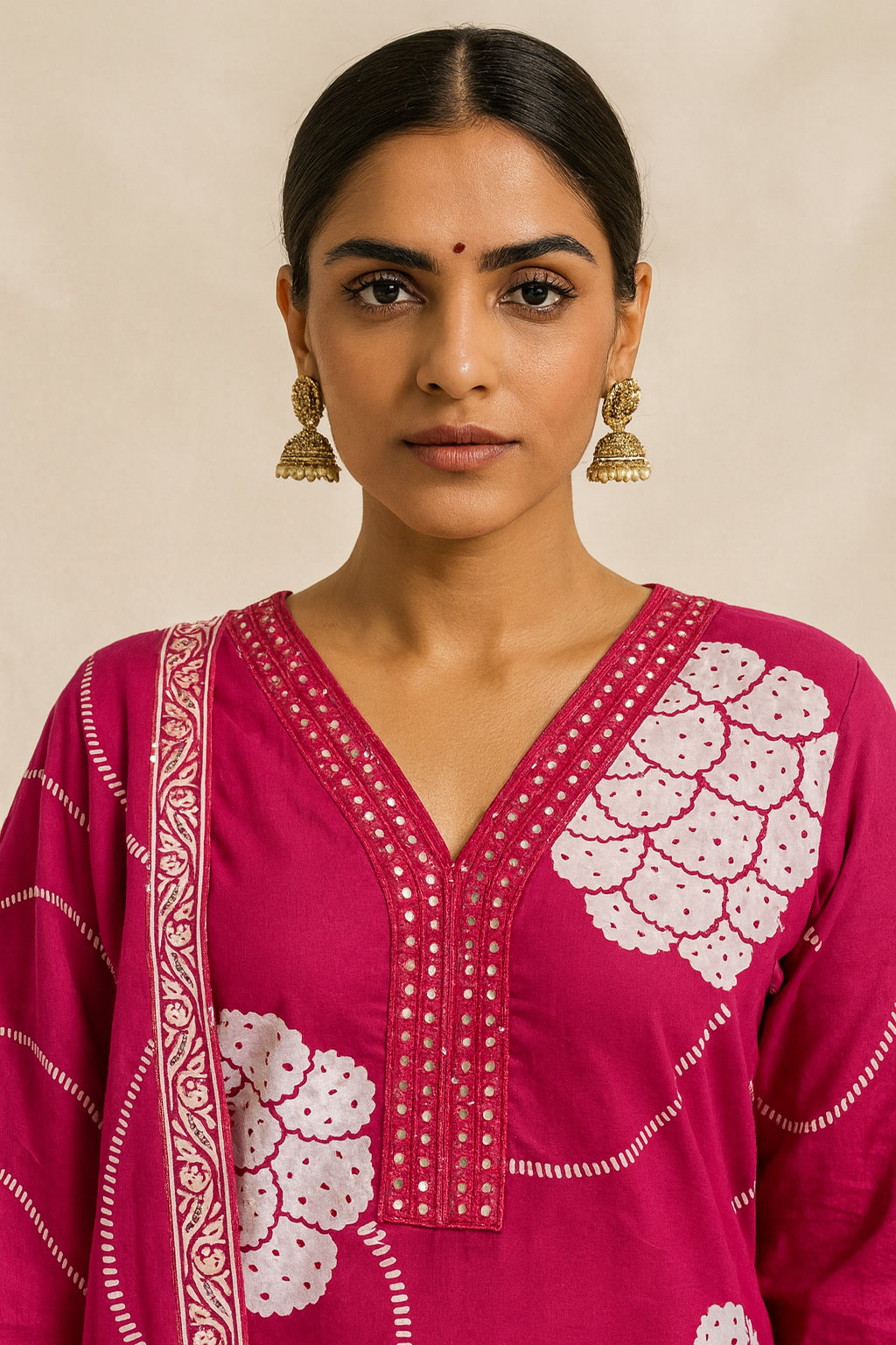 Woman wearing a pink traditional outfit with white patterns on a beige background