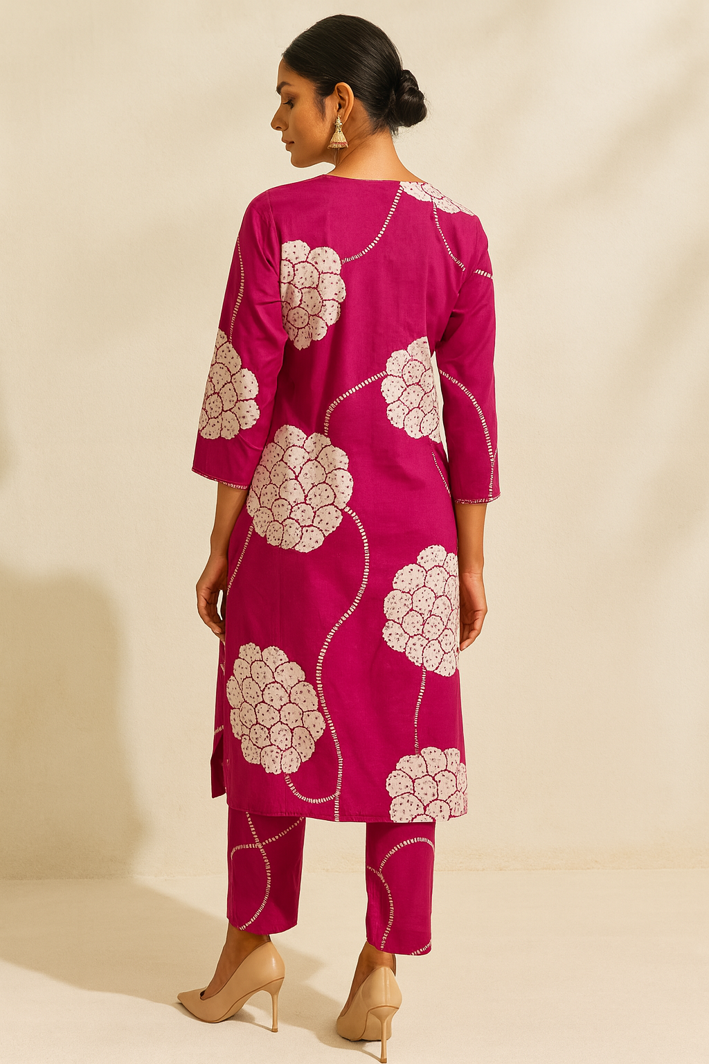 Woman wearing a pink kurta with white floral patterns on a beige background