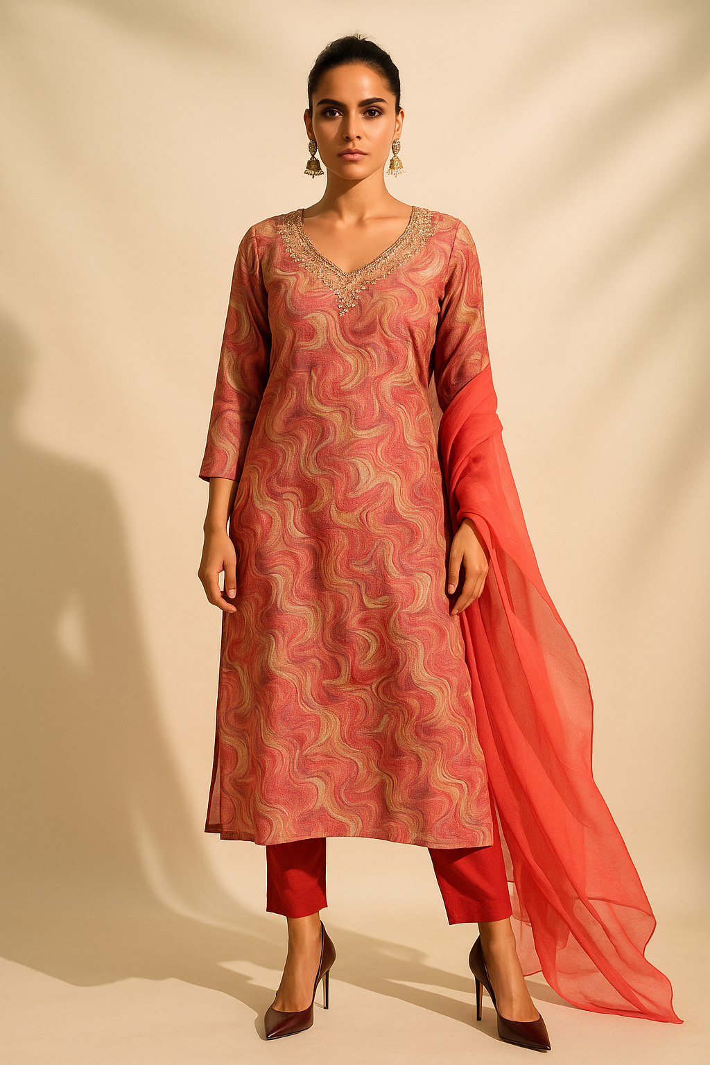 Woman wearing a pink patterned kurta with Peach pants and a sheer dupatta on a beige background