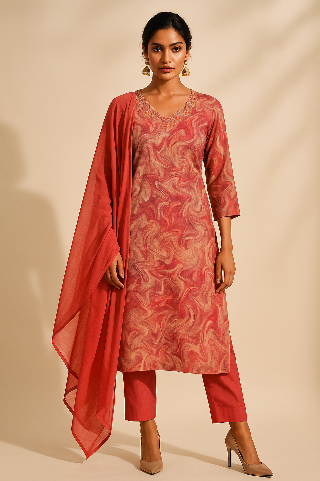 Woman wearing a red and pink patterned kurta with a matching dupatta on a beige background