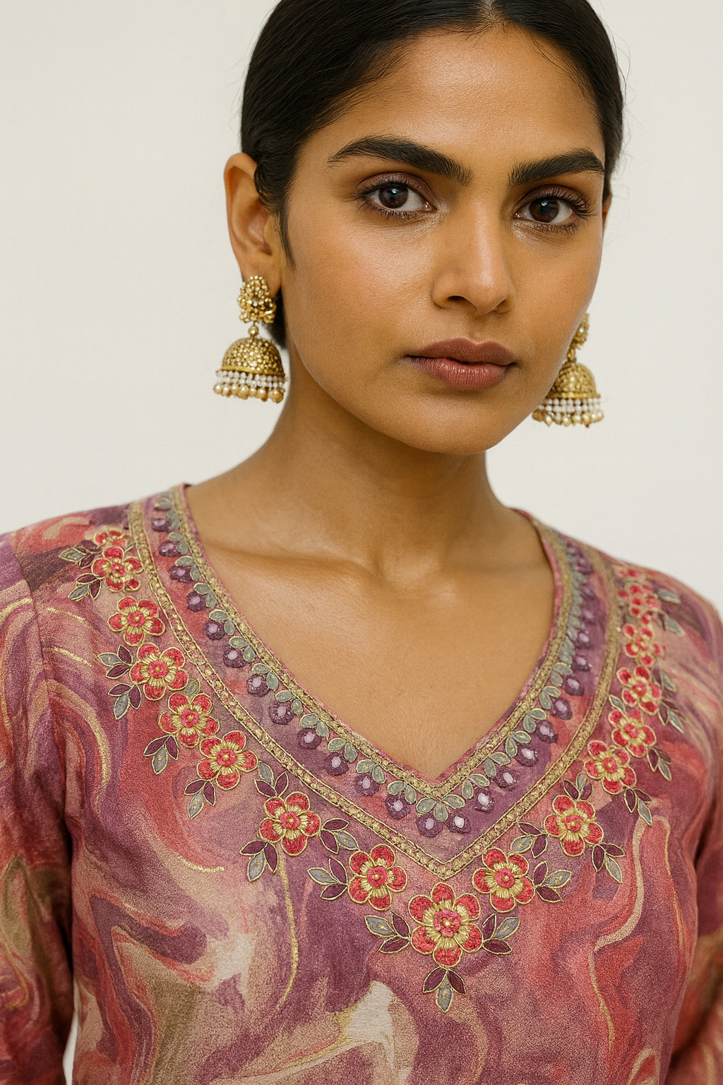 Woman wearing a traditional embroidered outfit with gold earrings on a plain background