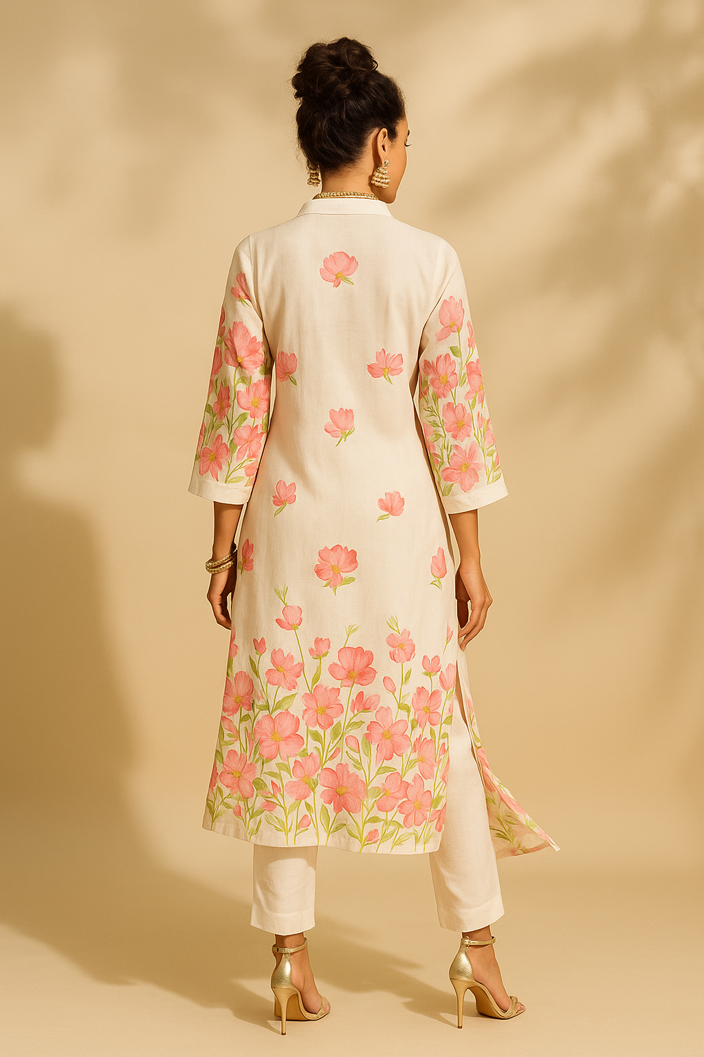 Woman wearing a floral kurta with white pants against a beige background