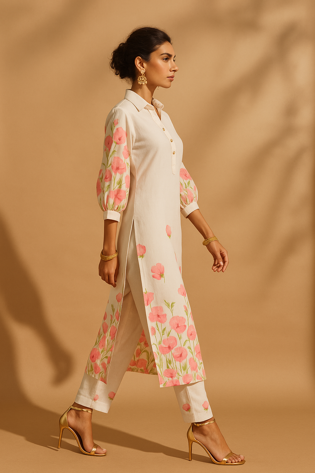 Woman wearing a white kurta with floral sleeves and pants against a beige background