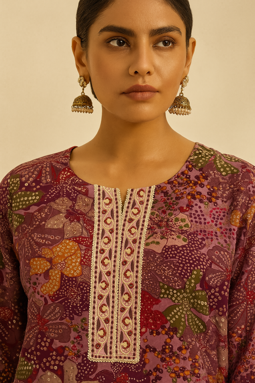 Woman wearing a patterned top with intricate detailing on a beige background
