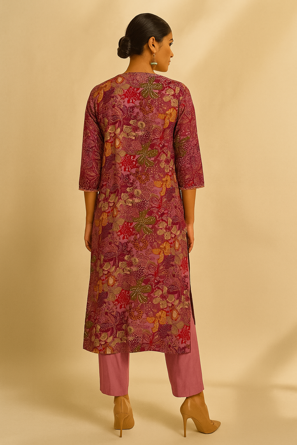 Woman wearing a floral kurta with pink pants on a beige background