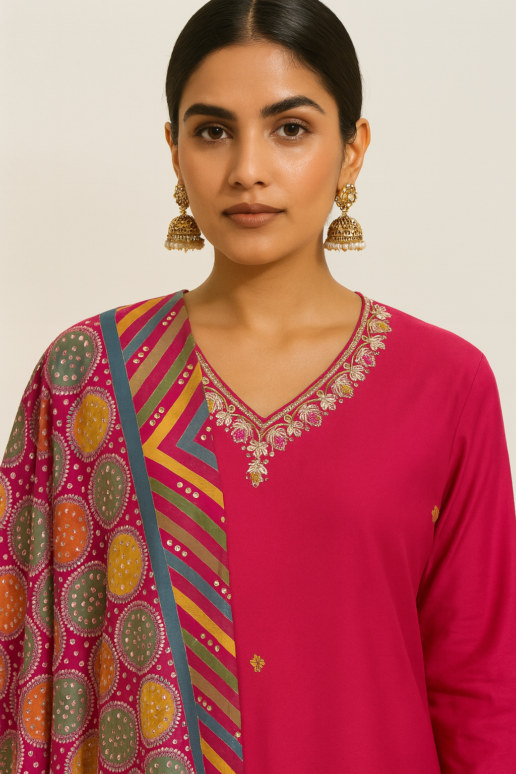 Woman wearing a pink traditional outfit with colorful patterns on a beige background