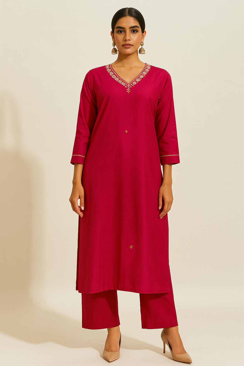 Woman wearing a red kurta with intricate detailing on a beige background