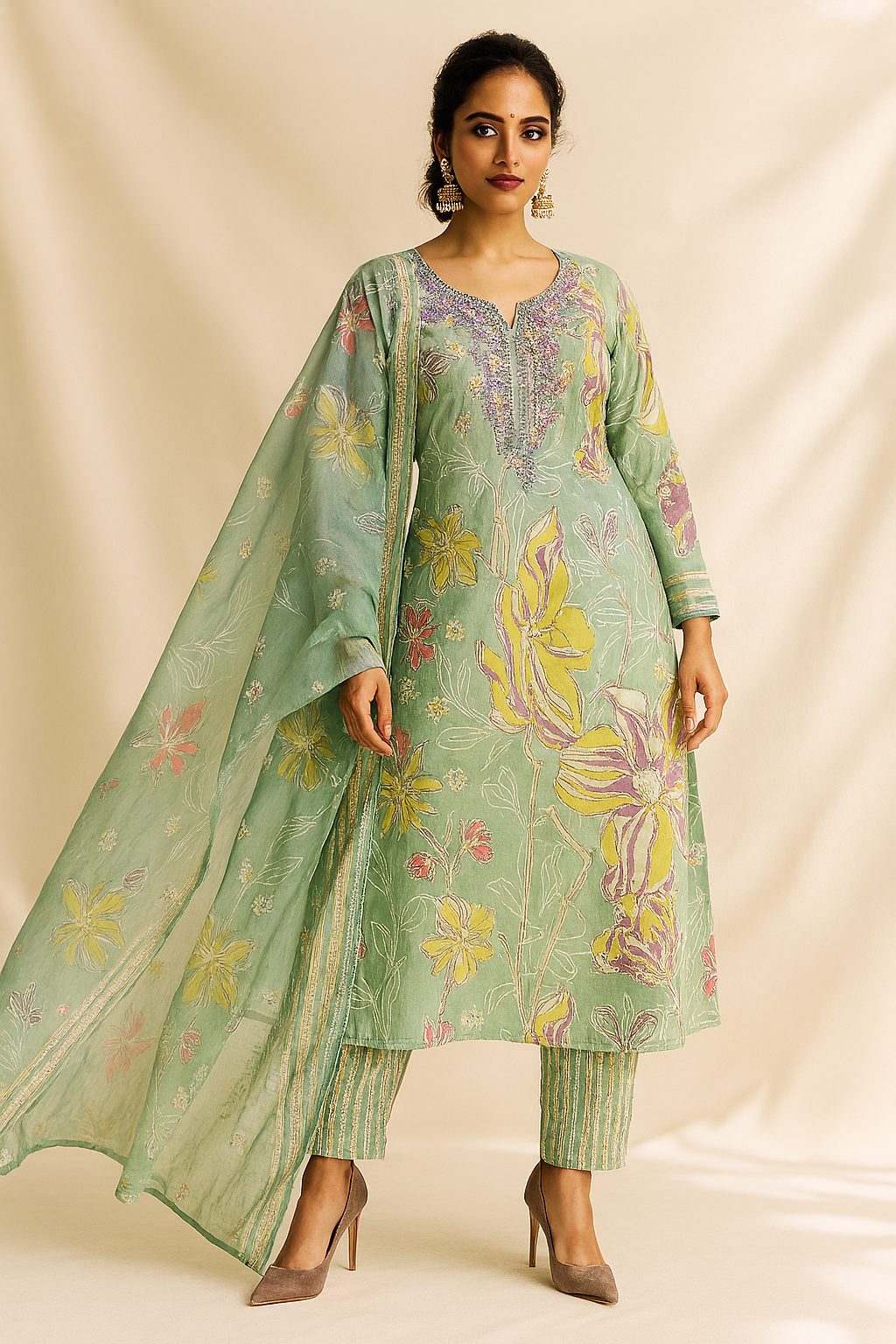 Woman wearing a green floral traditional outfit on a beige background