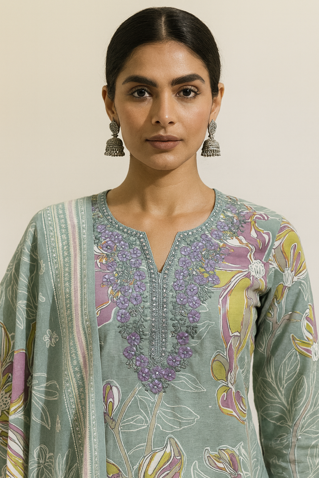 Woman wearing a patterned dress with intricate designs on a plain background
