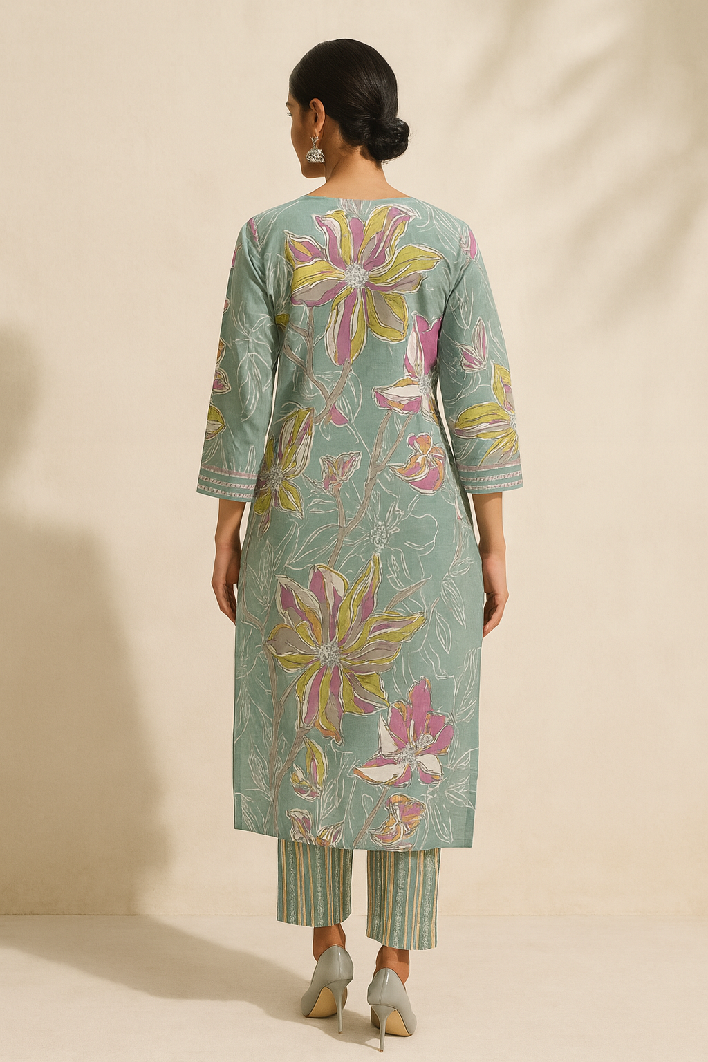Woman wearing a floral dress with a beige background