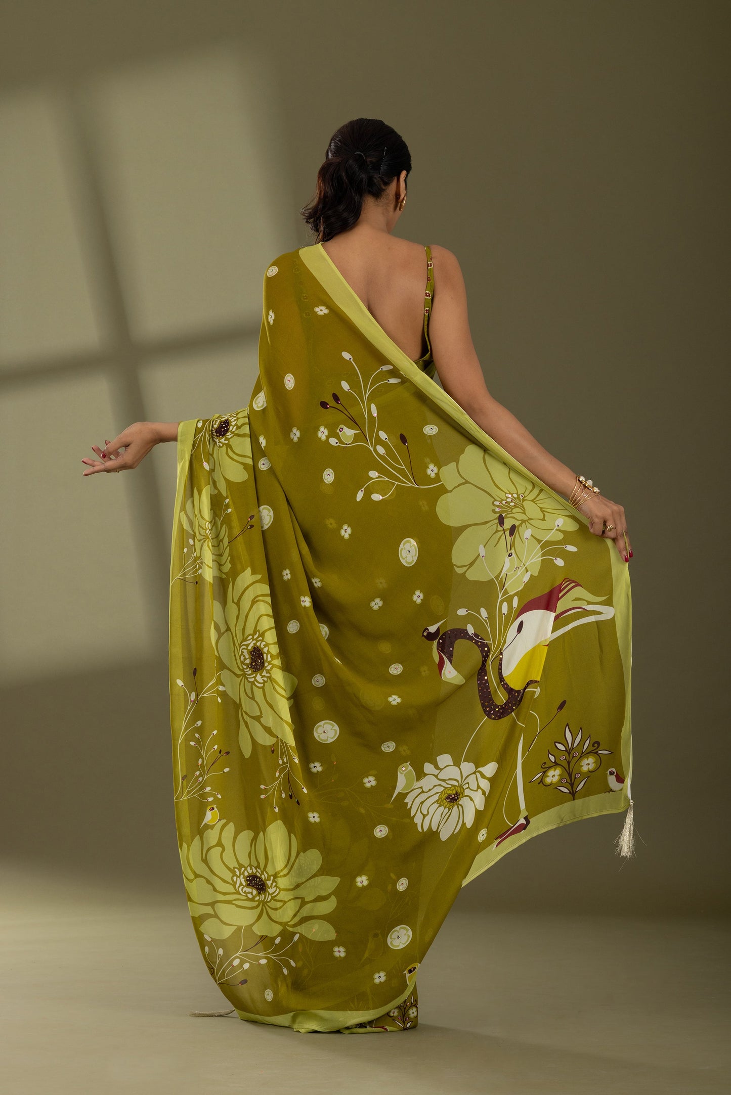 Heavenly Blooms Light Olive Printed & Embroidered Georgette Saree