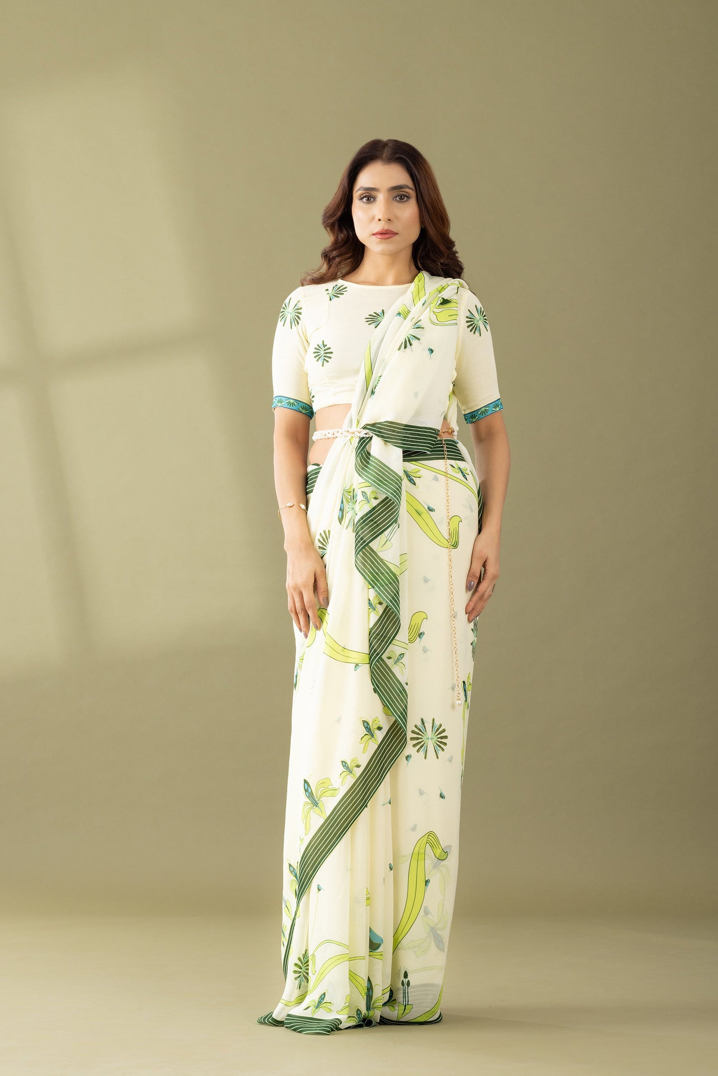 Kaleidoscope Garden Ivory Printed Georgette Saree