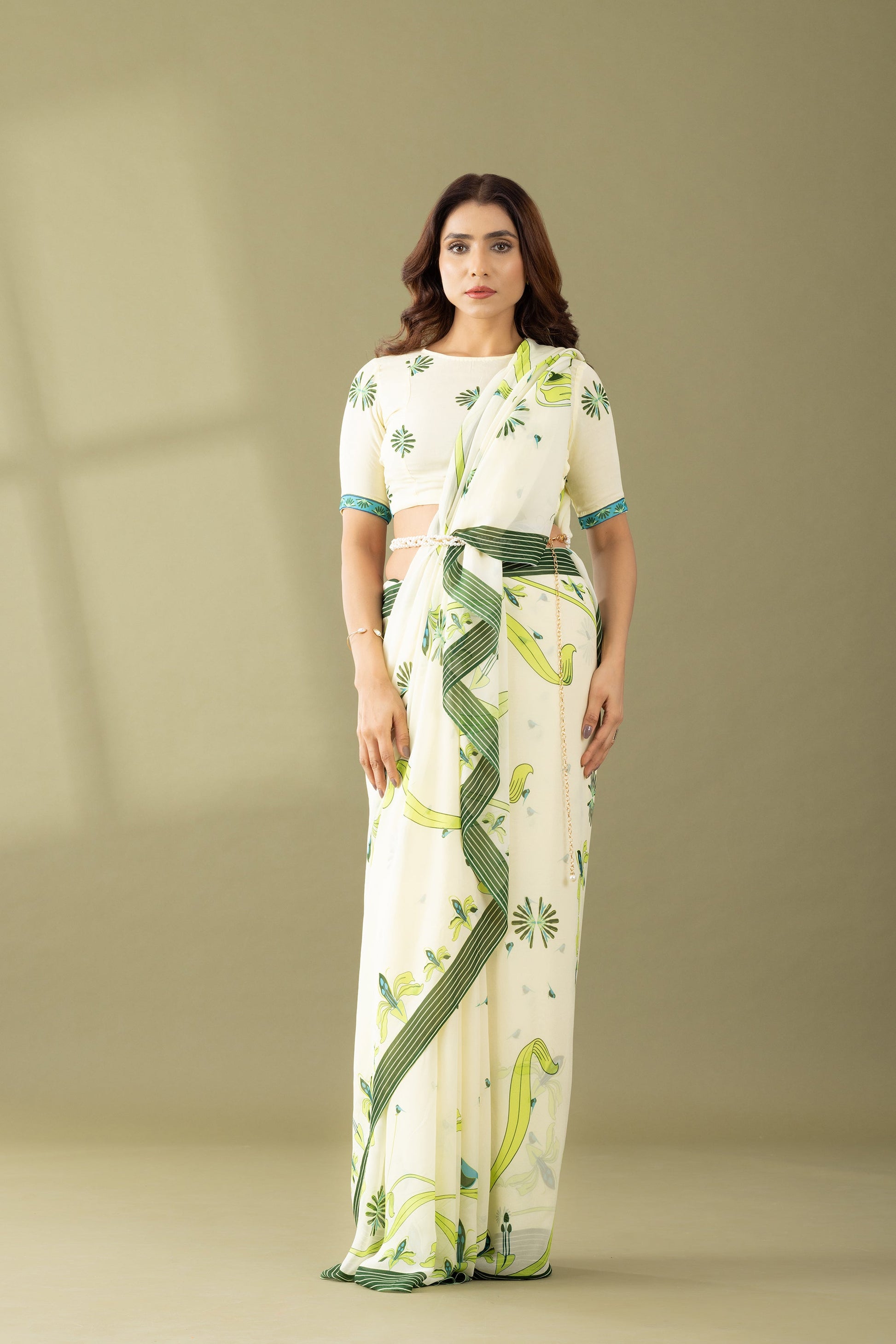 Kaleidoscope Garden Ivory Printed Georgette Saree