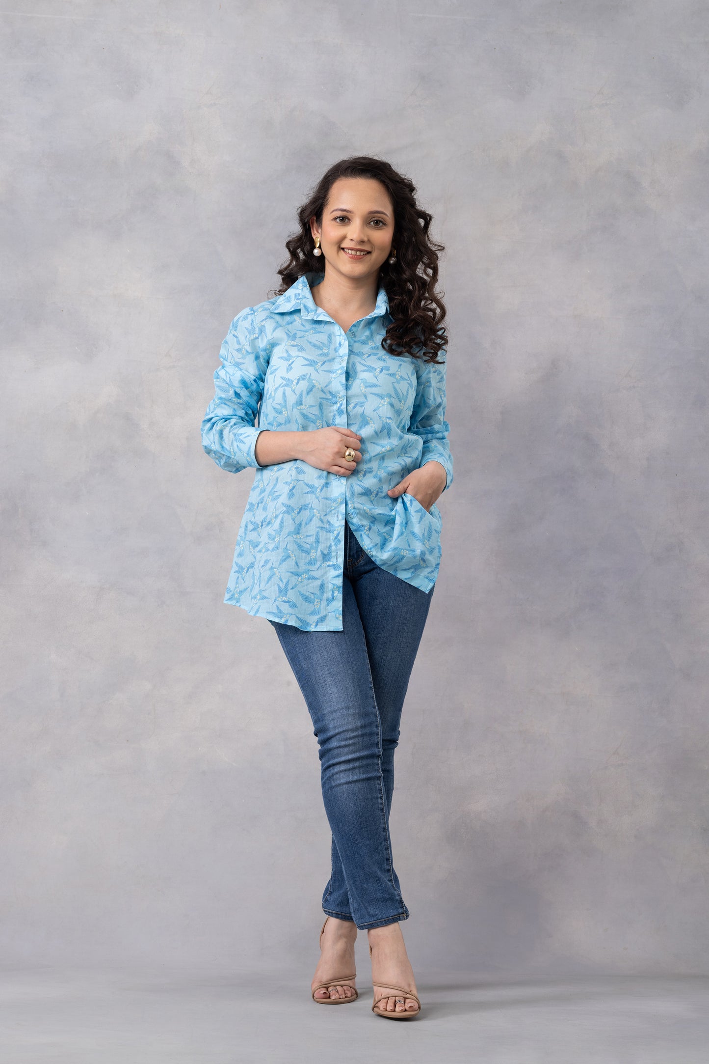 Ice Blue Floral Flight Cotton Mul Printed Shirt