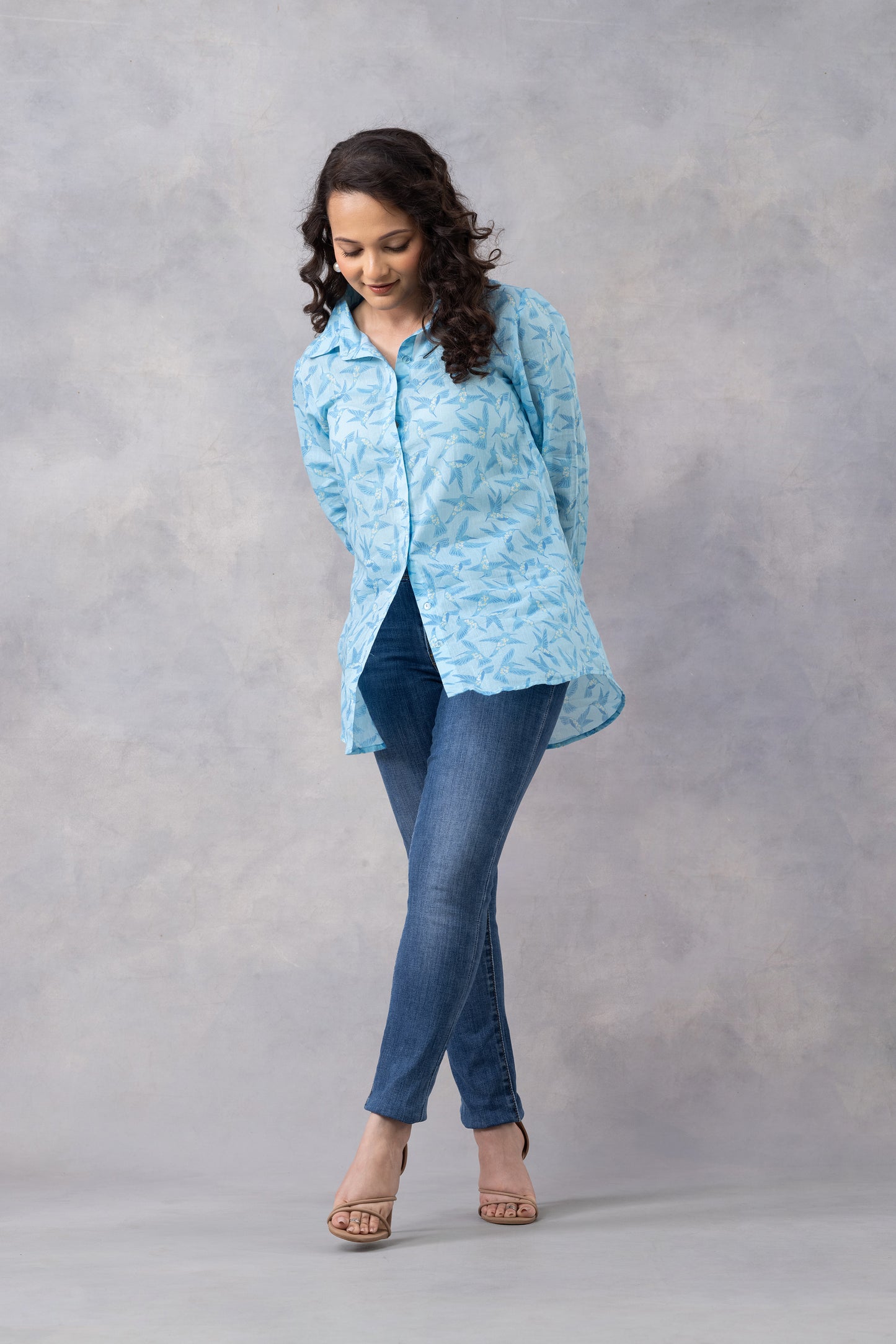 Ice Blue Floral Flight Cotton Mul Printed Shirt
