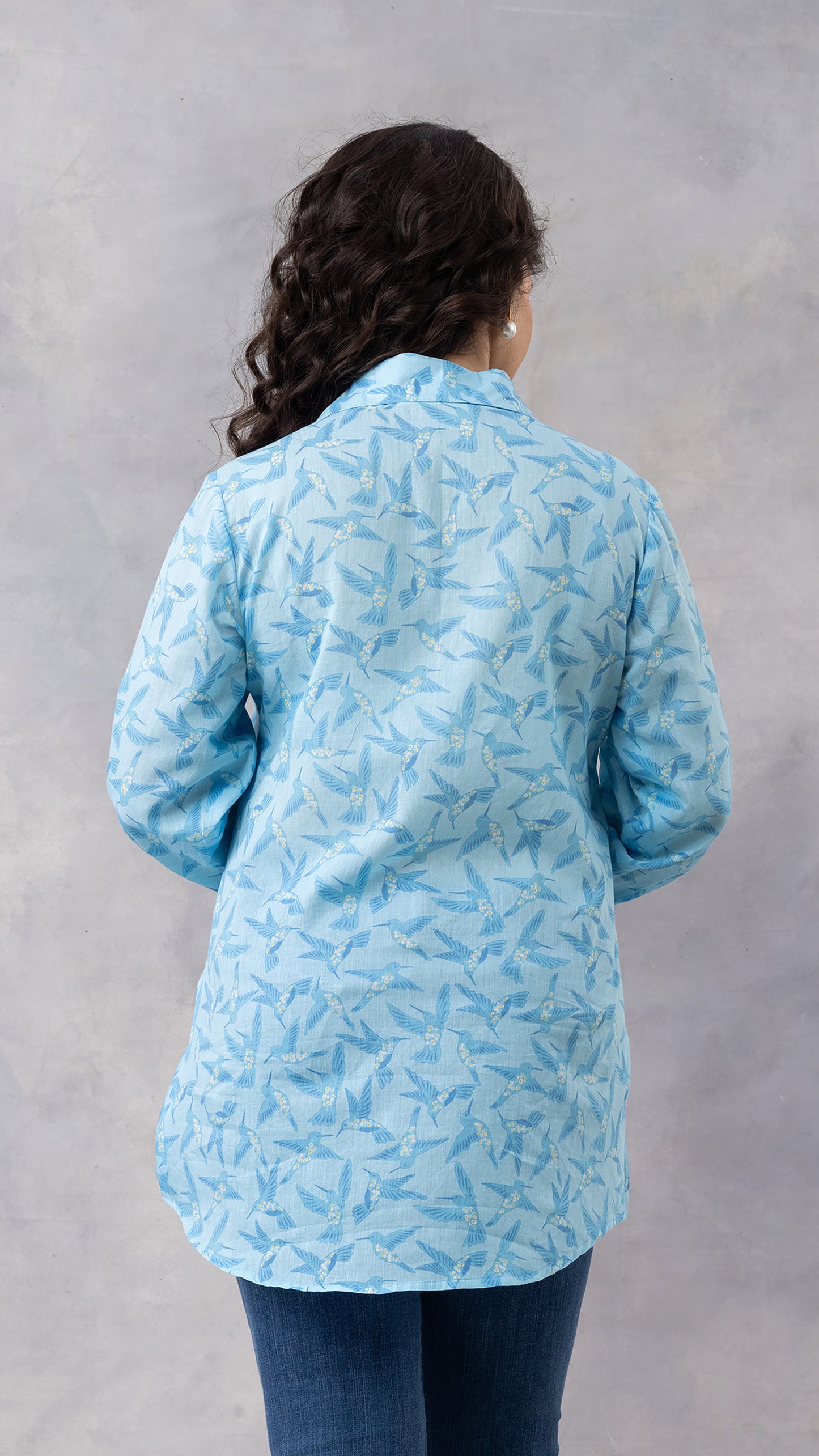 Ice Blue Floral Flight Cotton Mul Printed Shirt