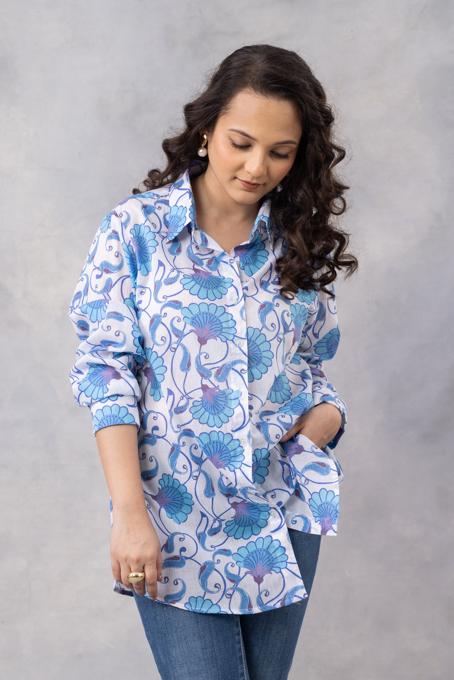 Powder Blue Vine Cotton Mul Shirt