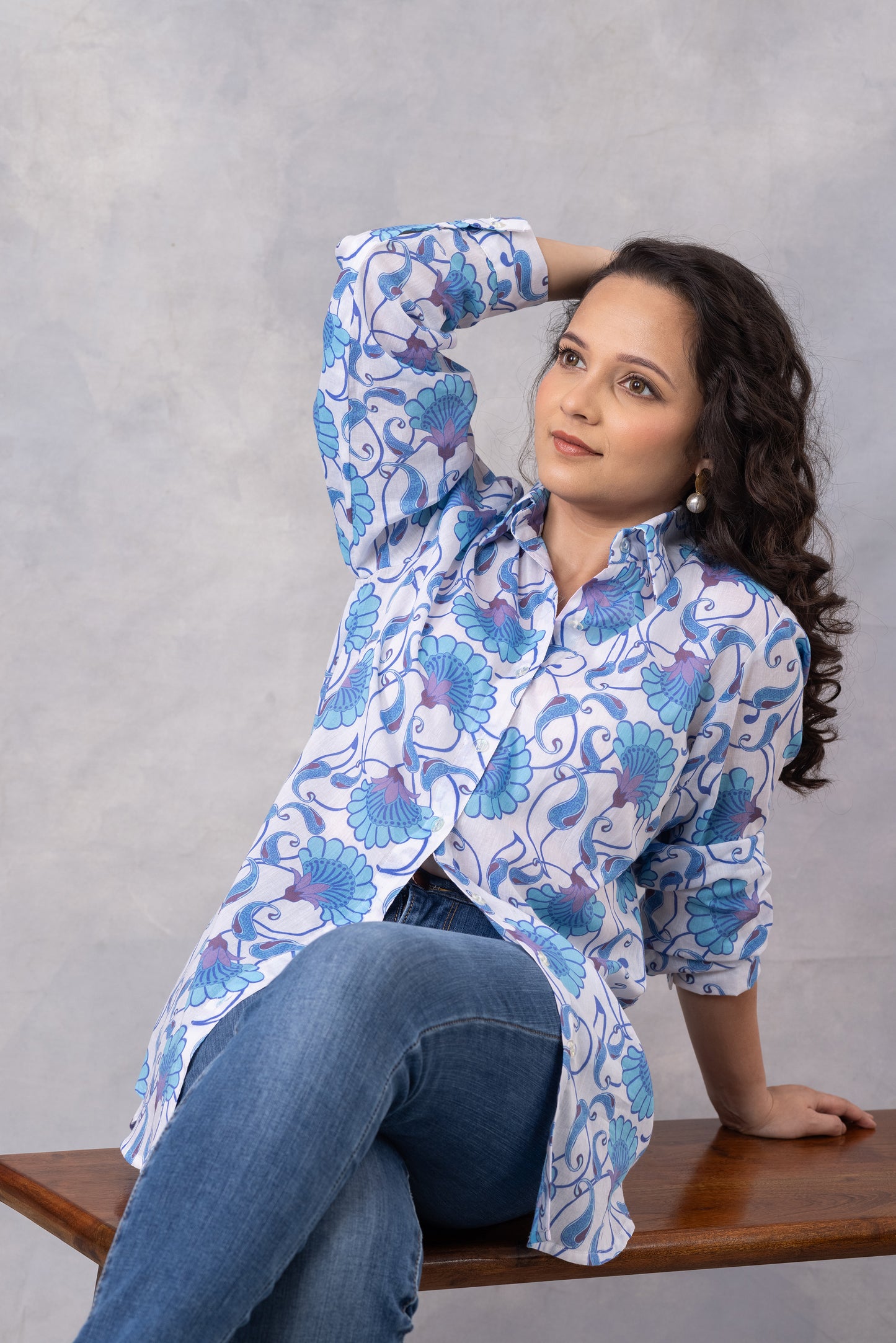 Powder Blue Vine Cotton Mul Shirt
